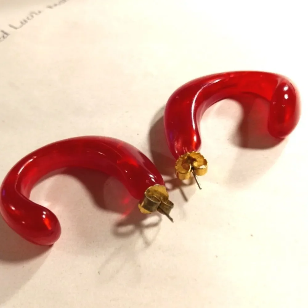 Vibrant Red Resin C Shape Hoop Post Earrings